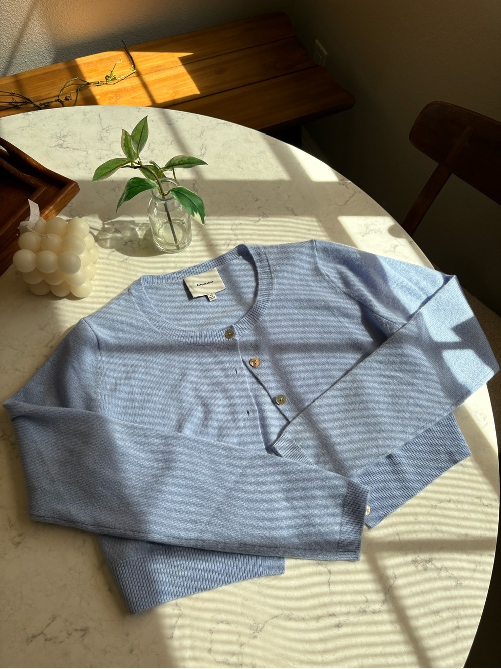 Reformation Light Blue Button-Front Crewneck Cardigan Cashmere Sweater